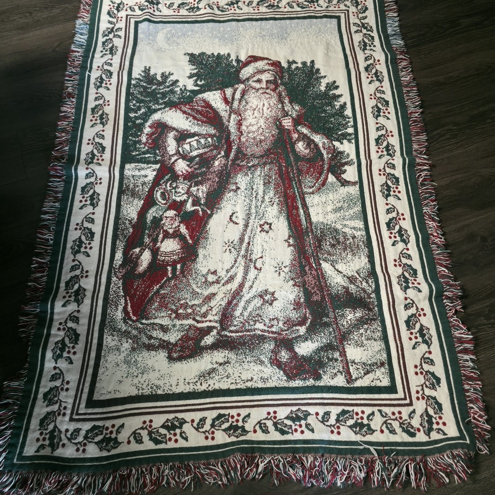 Vintage Santa Claus Woven Tapestry Throw Blanket Christmas Fringe Old World